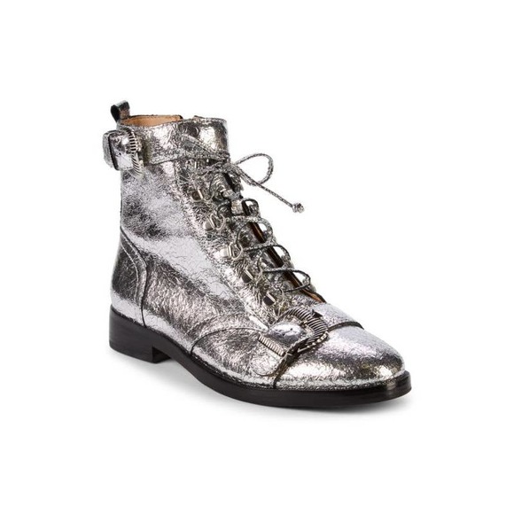 SCHUTZ Shoes - Schutz Metallic Silver Crushed Leather Magda Combat Boots Size 7